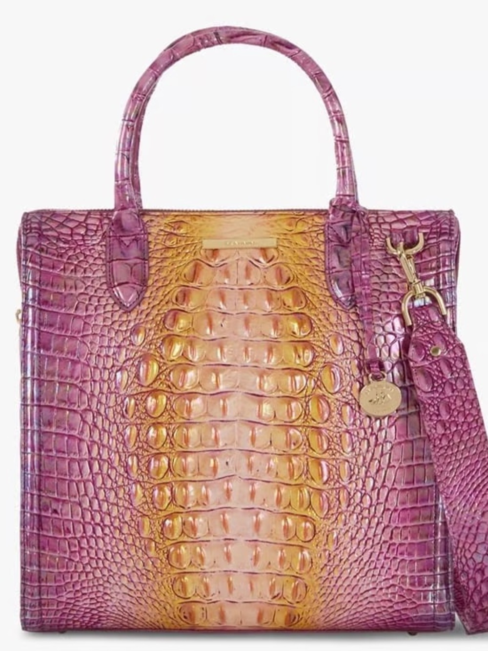 Brahmin Pink and Gold Ombre Croc-Embossed Tote